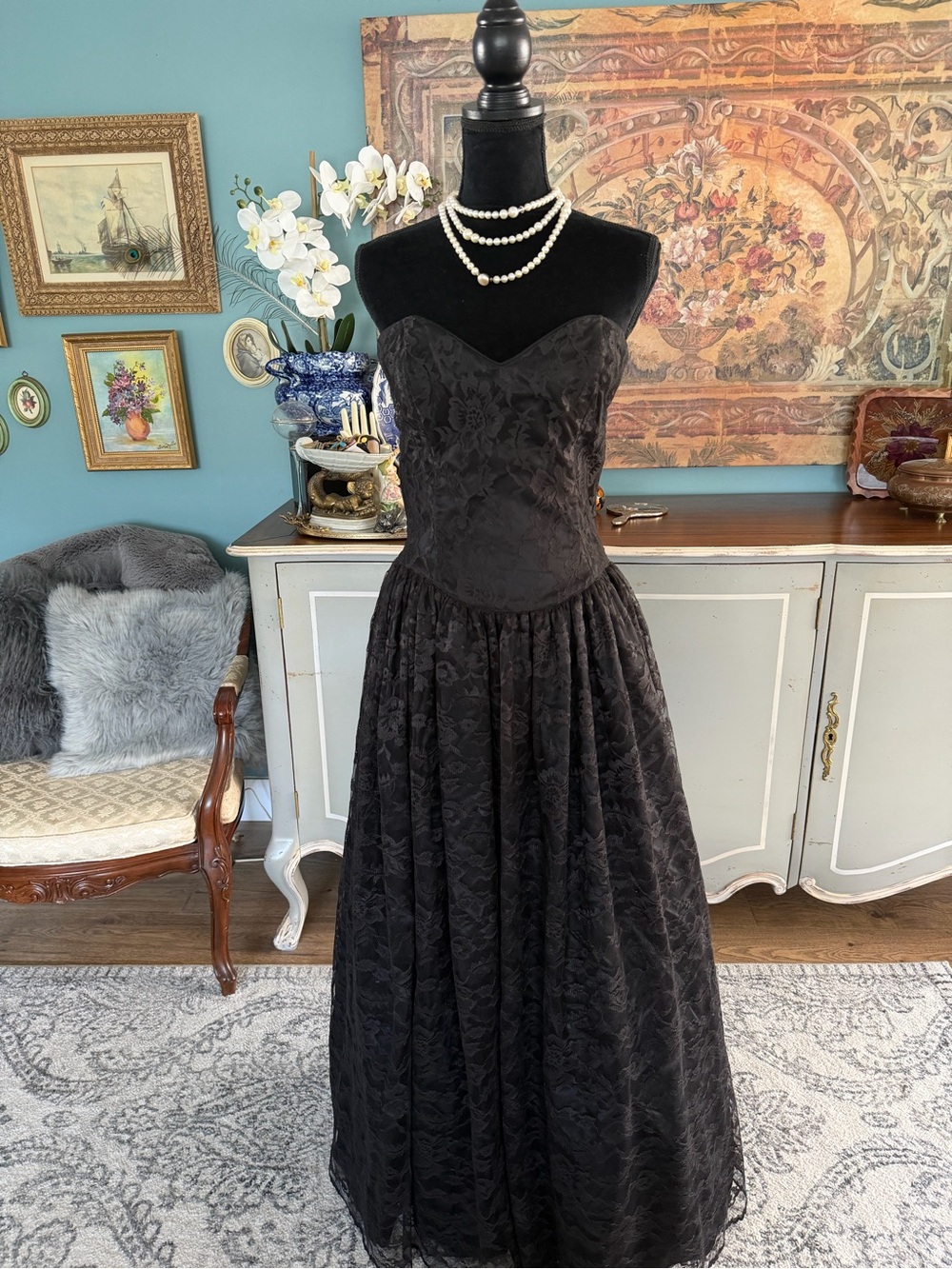 Vintage Gunne Sax Black Strapless Lace Evening Dress
